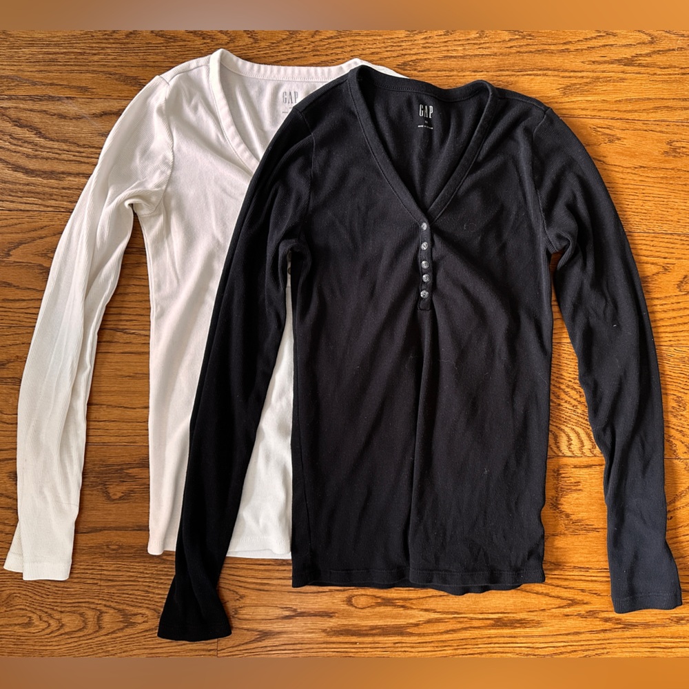 GAP Black and White Long Sleeve Ribbed Henley Tops - 2 pack